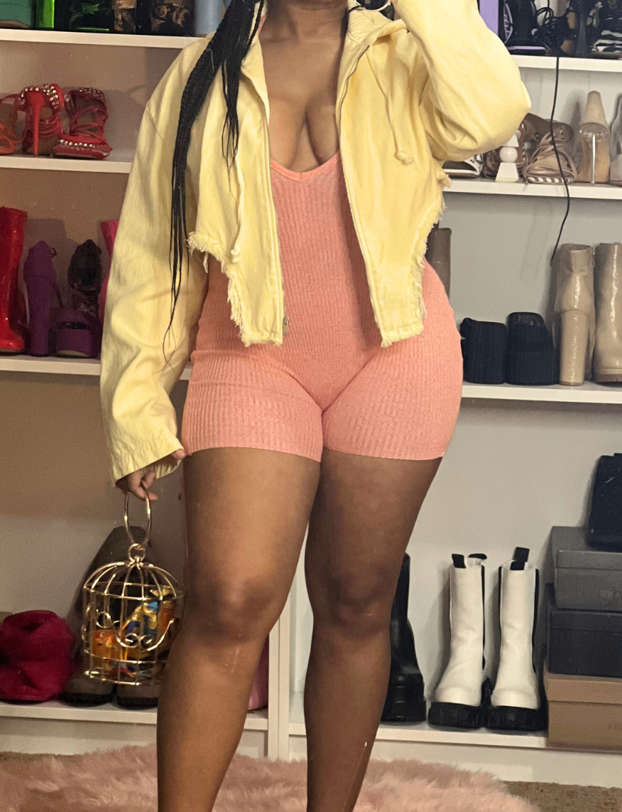"GA Peach” Romper - Sleeveless Ribbed Knit V Neck Romper