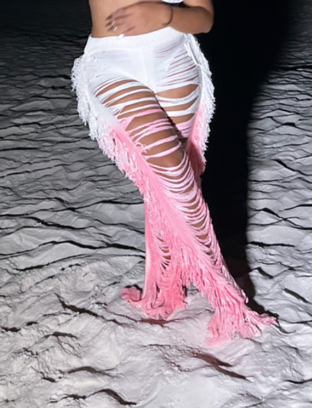 Pink/White Ombre Fringe Pants