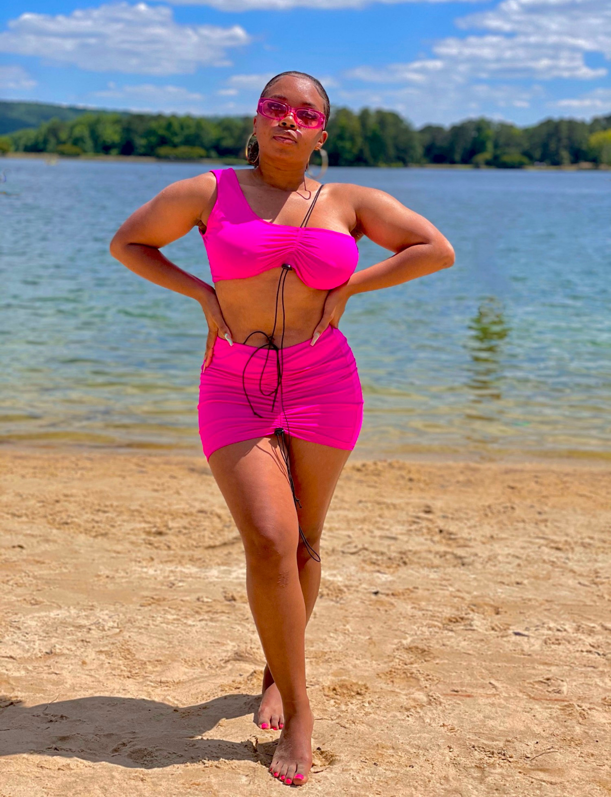 "Girl Next Door" Set - Pink 2-piece Drawstring Crop Top and Skirt Set