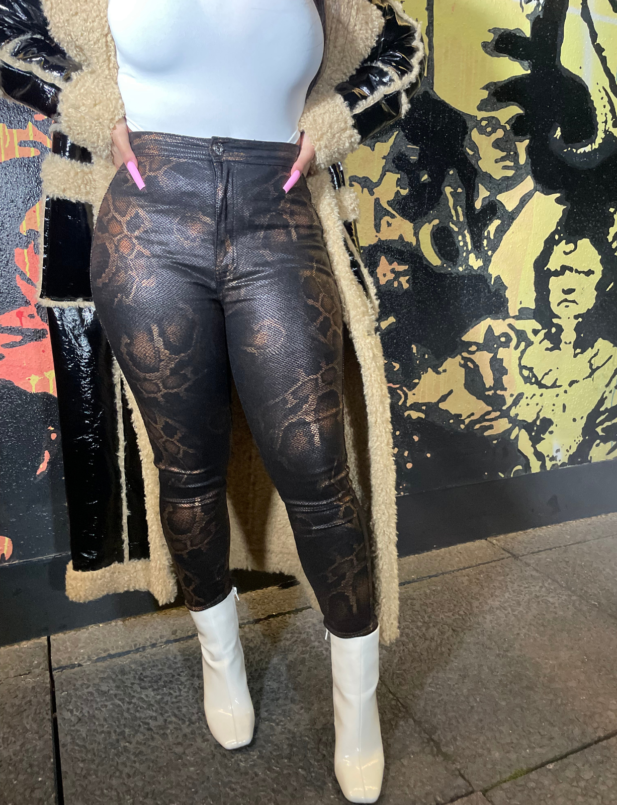 COBRA | SNAKESKIN PRINTED VEGAN LEATHER PANTS - BROWN