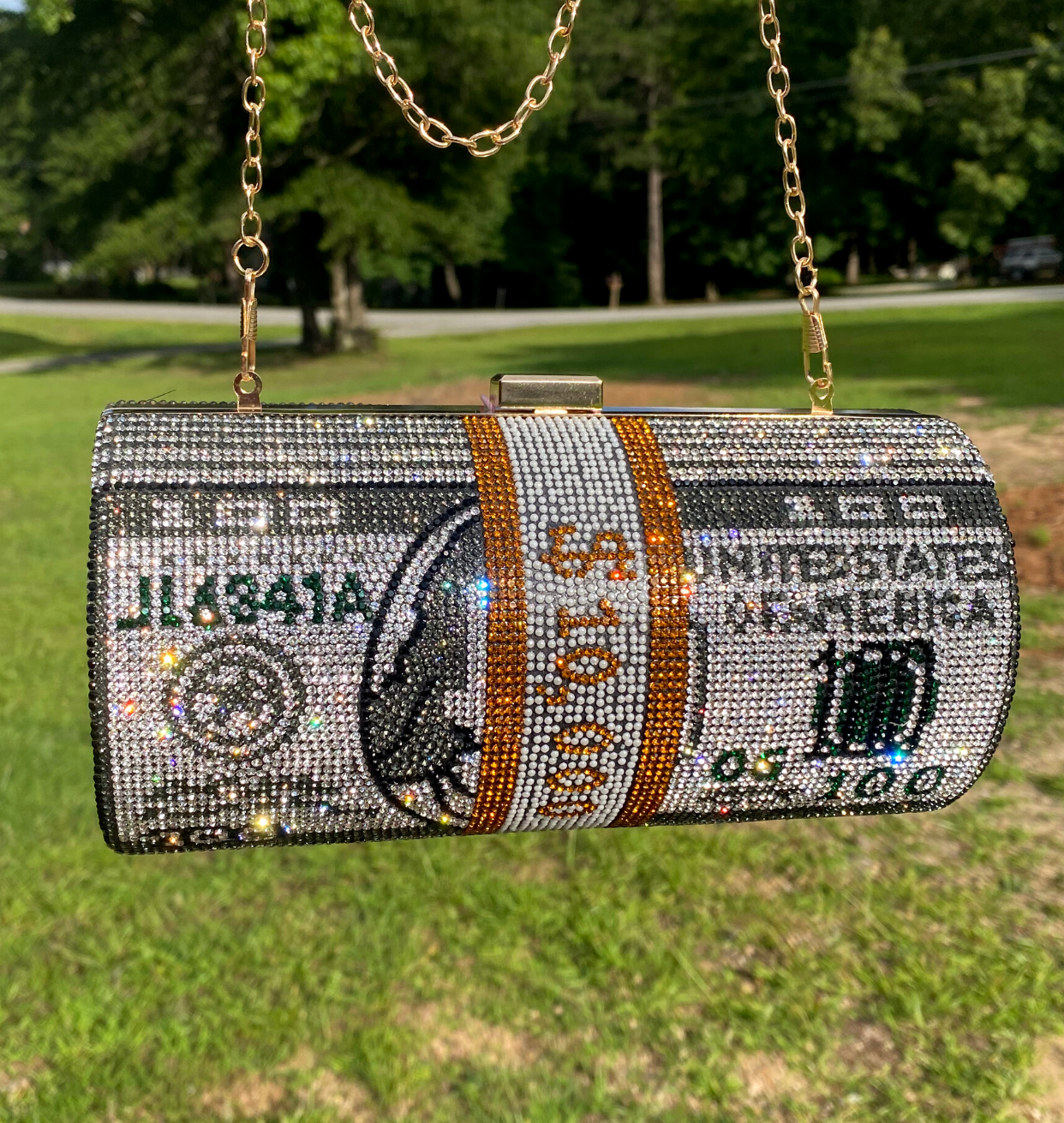 "Bills" Purse - Silver $10,000 Money Cylinder Rhinestone Purse
